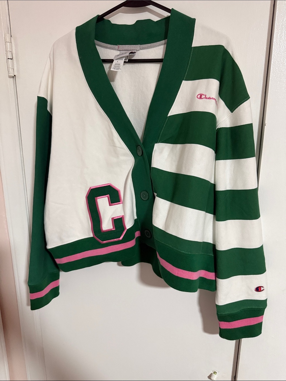 Champion Green, White & Pink Striped Varsity Cardigan